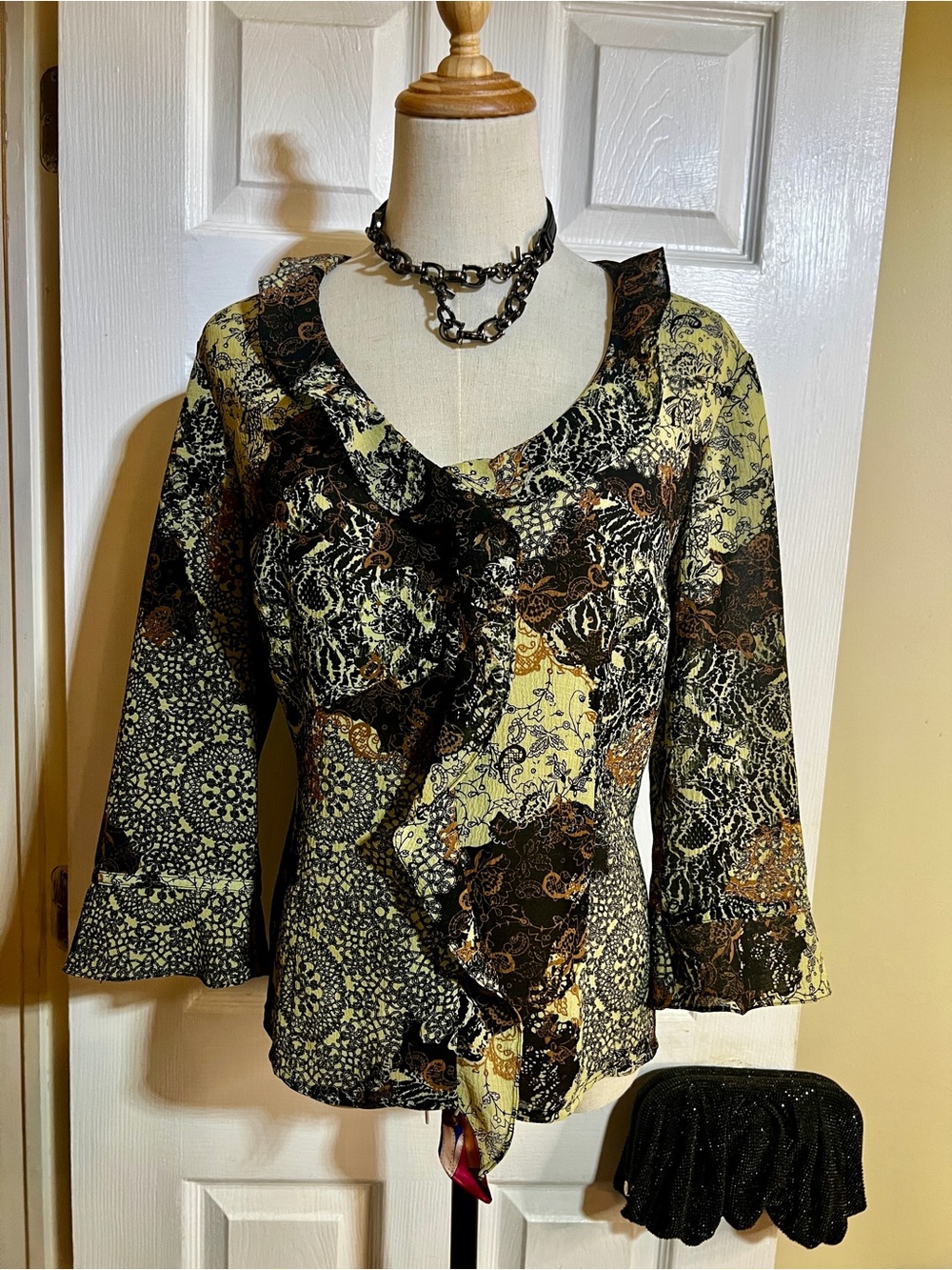 Emma James Wms Y2K Sheer Paisley Floral Boho Ruffle Whimsigoth Feminine Top 12P